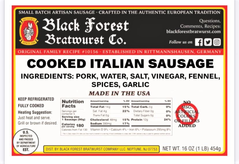 Cooked Italian Style Sausage (1lb.) - Black Forest Bratwurst Co.
